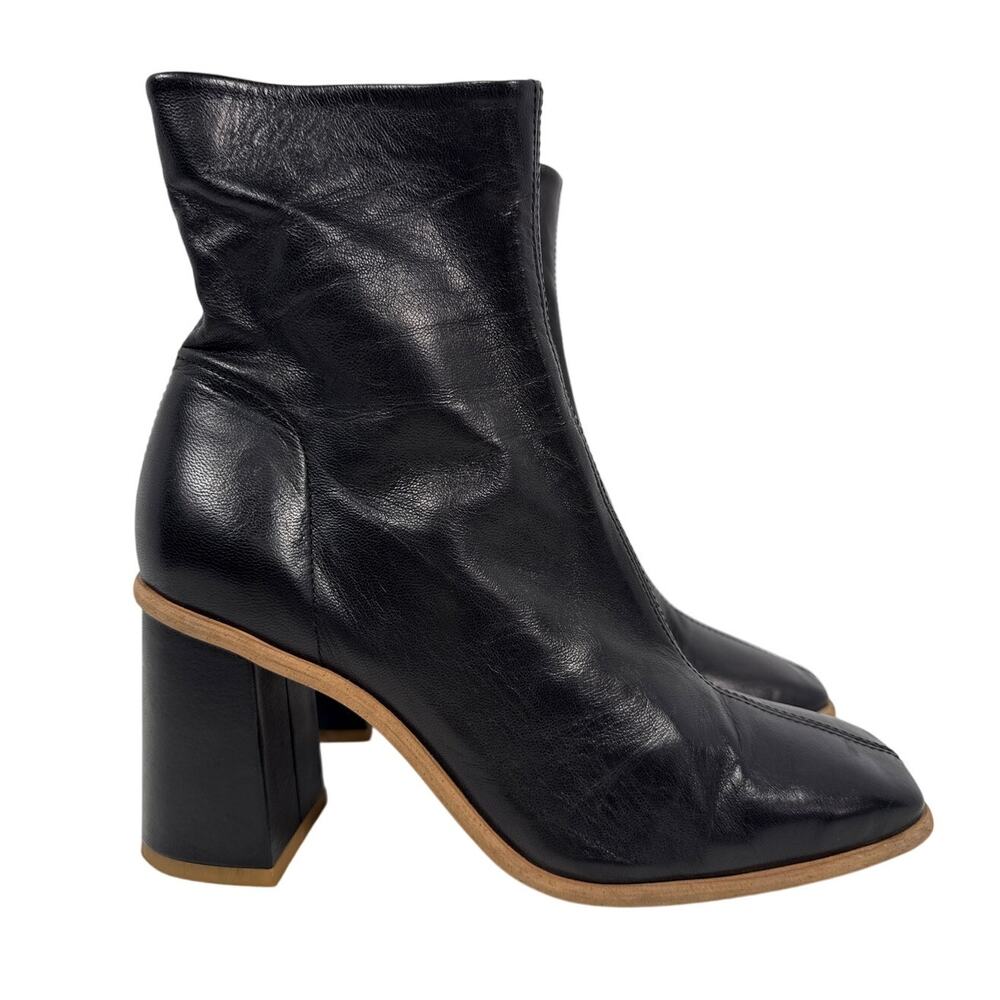 Free People Sienna Boots Block Heel Womens US 6 EU36.5 Black Leather Square Toe